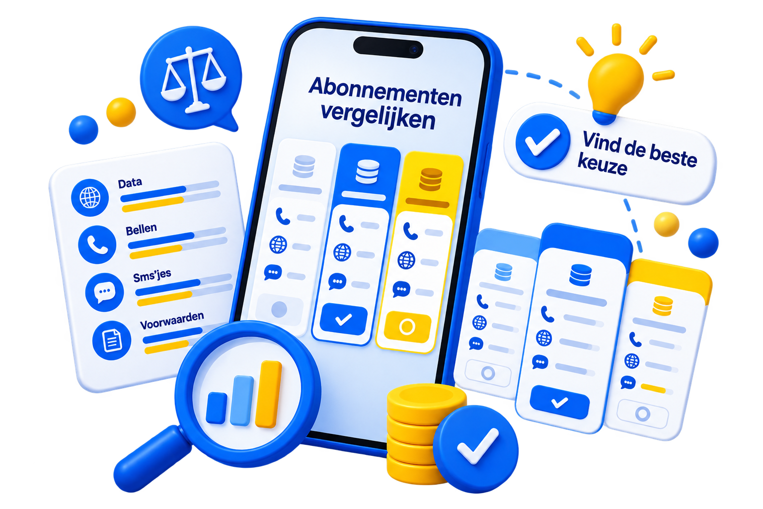 Vergelijken van mobiele abonnementen met een smartphone, verschillende abonnementsoverzichten, grafiek, vergrootglas en munten.