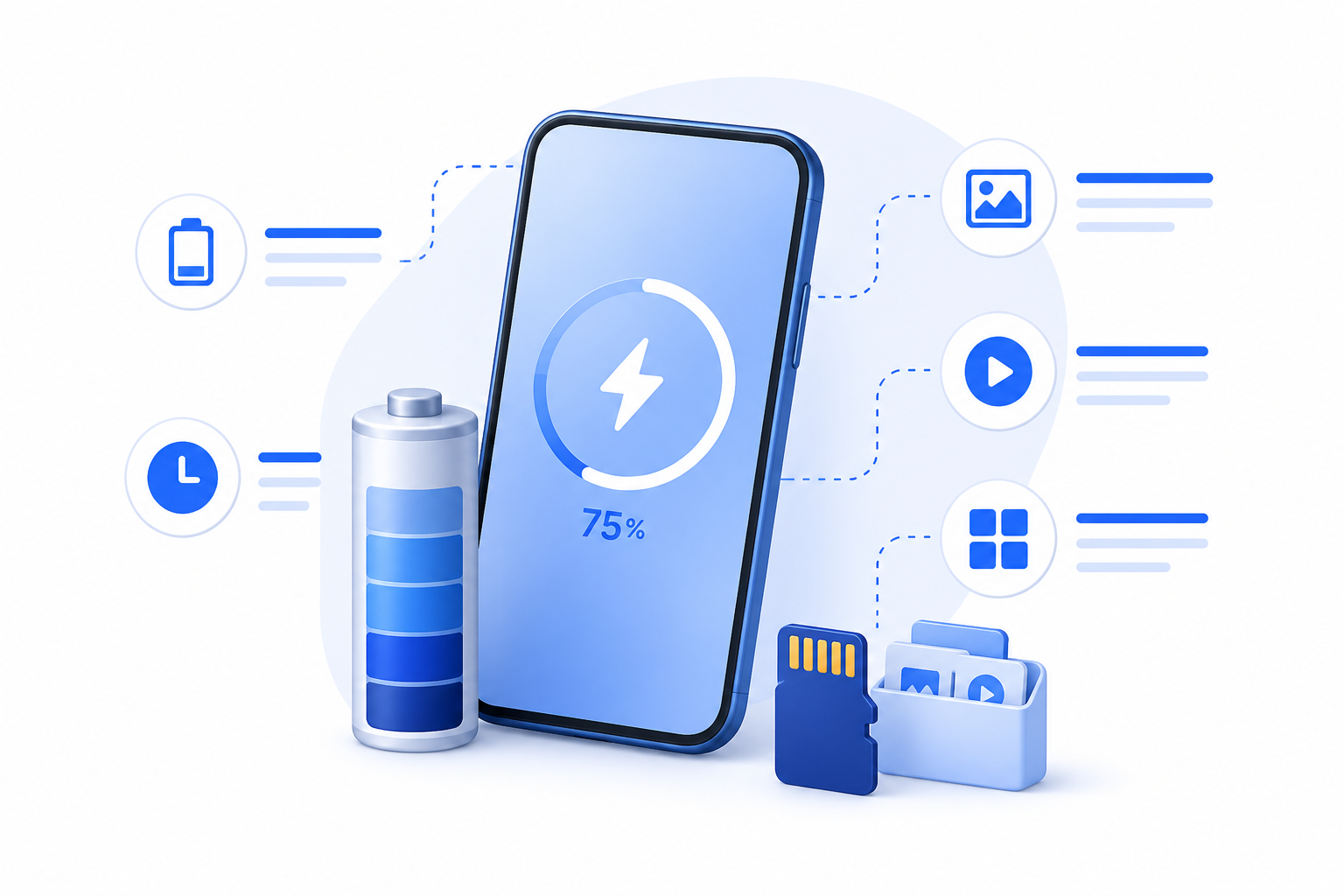 Telefoon met batterij, oplaadstatus en opslagruimte