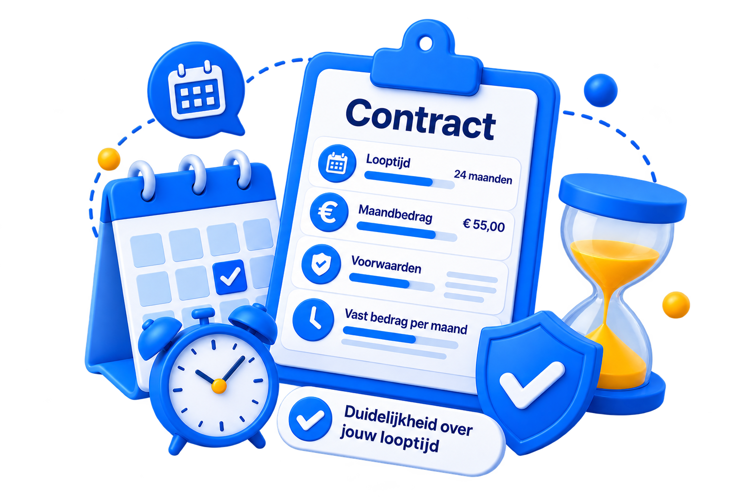 Mobiel contract met kalender, klok, zandloper en voorwaarden die de looptijd en afspraken van een abonnement weergeven.