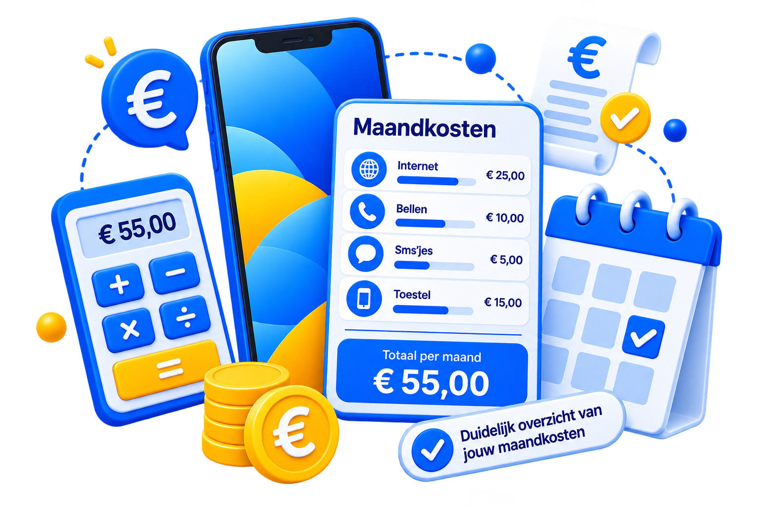 Maandelijkse kosten van een mobiel abonnement met telefoon, kostenoverzicht, rekenmachine, kalender en eurotekens.