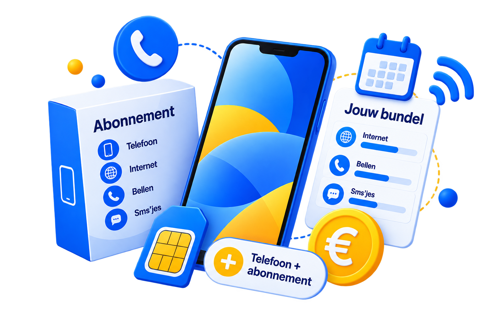 Mobiel abonnement met telefoon, databundel, belminuten, sms en simkaart.