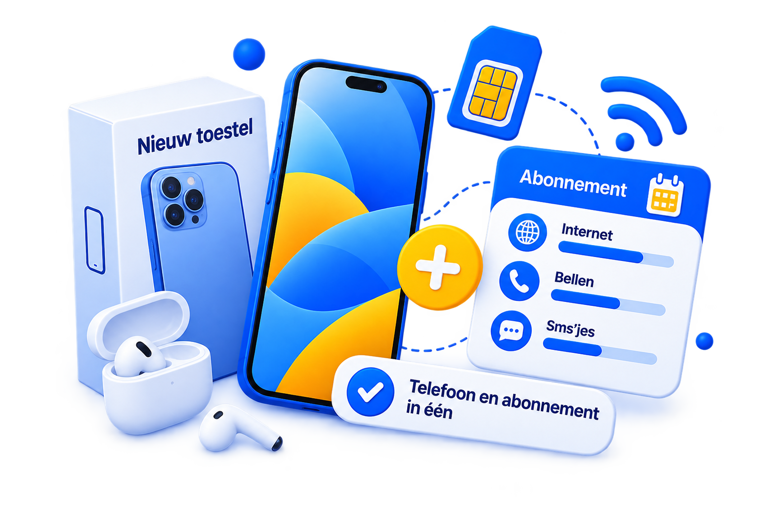 Telefoon met simkaart, databundel, belminuten en sms als onderdeel van een mobiel abonnement.